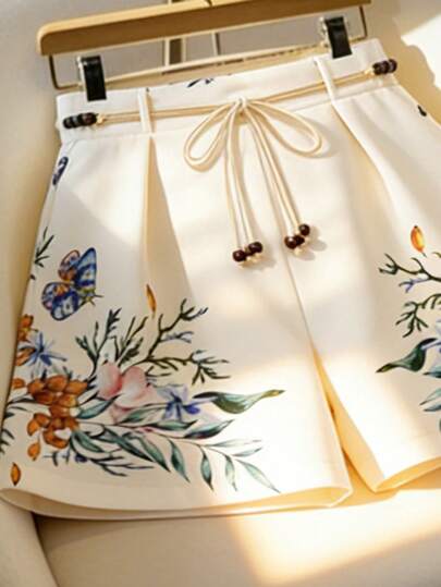 GlowEve CURVE Pantalones cortos de mujer talla grande con estampado floral vintage en color albaricoque, diseño de cintura con cordón y línea A. Adecuado para: uso diario casual, vacaciones, eventos sociales ligeros, oficina/transporte ligero