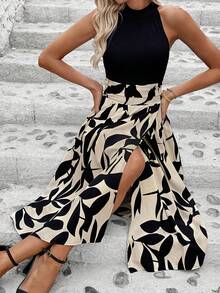 EMERY ROSE Vestido largo con estampado patchwork y abertura lateral para mujer - Albaricoque - Ver 3