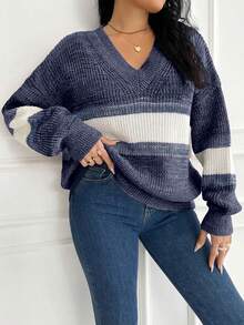 SHEIN Cottnline Plus Size Women V-Neck Colorblock Pullover Sweater, Autumn/Winter - Navy Blue - View 5