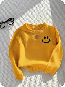 SHEIN Áo len dài tay màu vàng dễ thương, đa năng cho bé trai/bé gái, thích hợp cho mùa thu/đông - Màu vàng - Xem 4