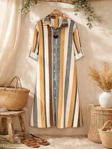 EMERY ROSE Plus Size Casual Elegant Printed & Striped Linen-Like Mid-Length Shirt Dress, Suitable For Vacation, Commute, All Seasons - Multicolor - View 1