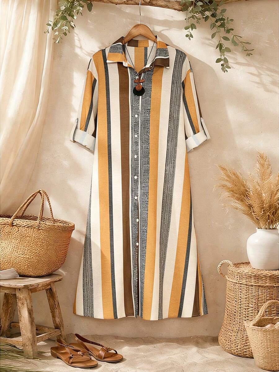 EMERY ROSE Plus Size Casual Elegant Printed & Striped Linen-Like Mid-Length Shirt Dress, Suitable For Vacation, Commute, All Seasons - Multicolor - View 1