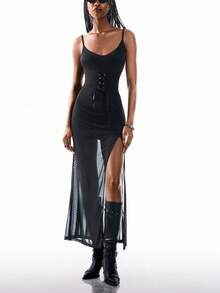 Airlisse Robe moulante femme sexy à fines bretelles transparentes, froncée avec fente - Noir - Voir 4
