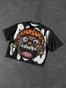 Manfinity EMRG 男女通用美式街头卡通牙齿肖像高街嘻哈风格星星头巾圆领T恤 - 彩色 - 查看 1