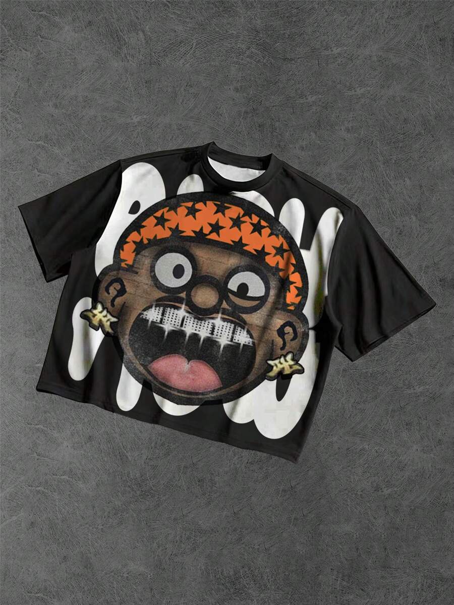 Manfinity EMRG 男女通用美式街头卡通牙齿肖像高街嘻哈风格星星头巾圆领T恤 - 彩色 - 查看 1