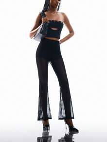Airlisse Women's Solid Color High Waist Bodycon Super Shorts With Pastal Mesh Sheer Flared Leg, Spring/Summer Golf Girlisim - Black - View 4