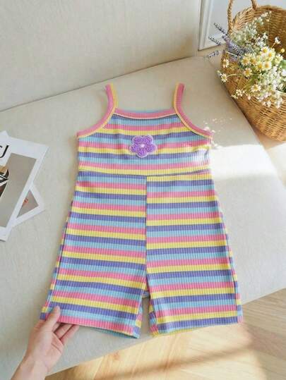 SHEIN Playful Pals Baby Girls' Summer 3D Floral Knit Rainbow Striped Casual Fashionable Sleeveless High Waist Short Jumpsuit