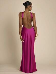 SHEIN BAE Đầm satin màu hồng cánh sen hở lưng buộc dây, kiểu dáng thanh lịch, thích hợp cho khách dự đám cưới, phù dâu, tiệc cocktail gợi cảm, tiệc brunch. - Màu Hồng Tươi - Xem 2