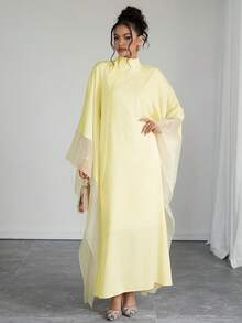 SHEIN Raffinéa Women's Solid Color Stand Collar Mesh Casual Party Dress - Light Yellow - View 5