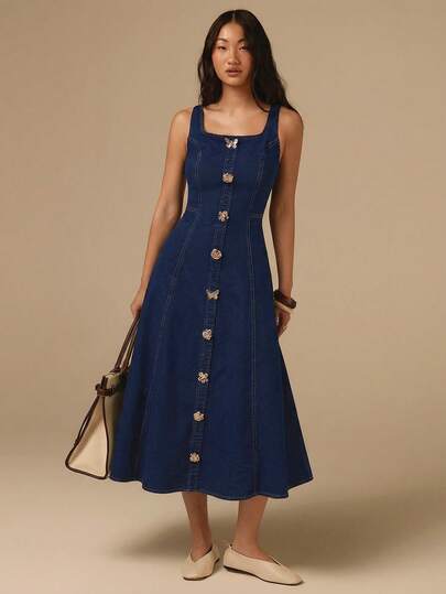 COSMINA Women's Solid Color Minimalist Sleeveless Denim Dress, Casual Daily Wear