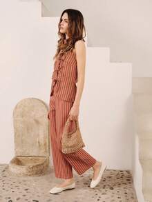 lacRébo Red Rust Brown Stripe Sleeveless Top With Bow Detail And Straight-Leg Pants Set,Chic French Parisian Style Summer Casual Vacation Holiday Outfit - Multicolor - View 5