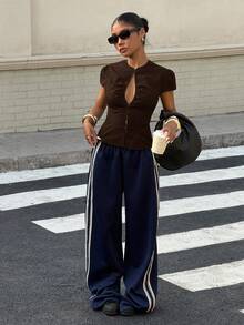 Muchica 巧克力棕色梭织女式短袖休闲衬衫 - 巧克力棕 - 查看 3