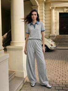 Anewsta 新款灰色女士弹力腰阔腿裤，春季休闲宽松直筒裤，简约显瘦时尚百搭阔腿裤 - 淺灰色 - 查看 6