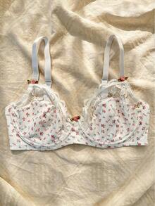 Plus 3pcs Ditsy Floral Print Contrast Lace Underwire Bra, Lingerie, Kawaii, Lift - Multicolor - View 6