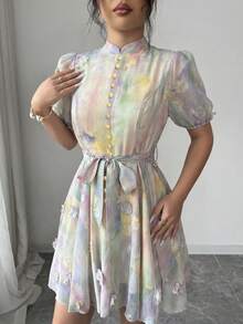 Modelyn Đầm ngắn tay ngắn thắt eo họa tiết hoa 3D nhuộm tie-dye lãng mạn, thanh lịch dành cho nữ, thích hợp cho kỳ nghỉ. - Nhiều màu - Xem 5