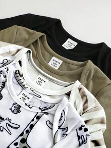 4件套婴儿男女宝宝可爱针织卡通长颈鹿、兔子、老虎、鳄鱼图案弹力条纹短袖连体衣基础款套装 - 彩色 - 查看 3