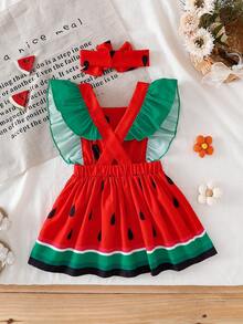 SHEIN Playful Pals Baby Girl Ruffle Collar Bow Decor Dress - Red - View 2