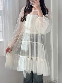 FRIFUL Women's Solid Color Sheer Ruffle Hem Dress Sun Dresses For Women - Beige - View 3