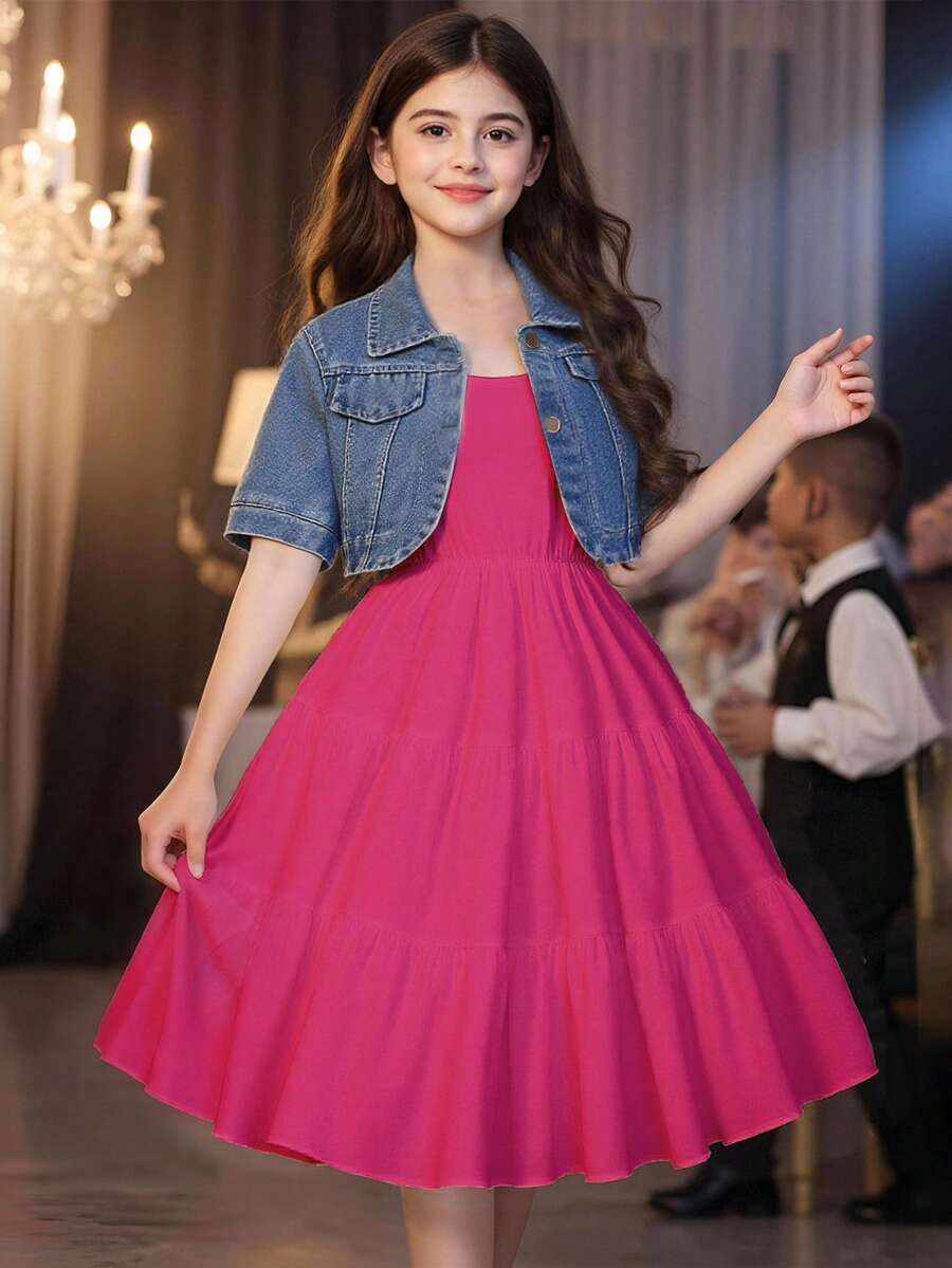 2 件套 Tween Girl 休闲牛仔夹克和纯色无袖连衣裙套装