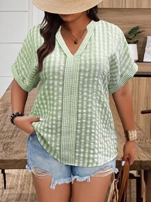 Weeklong Plus Size Women's V-Neck Plaid Patchwork Casual Shirt, Spring/Summer - Green - View 5