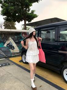 K-Vae Bộ trang phục thường ngày dành cho nữ: Áo hai dây thêu và chân váy ngắn. - trắng - Xem 6