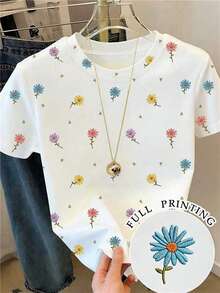 Resyla Plus Size Women Daisy Print Round Neck Short Sleeve Casual Versatile T-Shirt - White - View 1