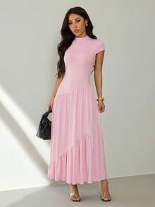 SHEIN PETITE 女士纯色褶皱领优雅收腰长款派对连衣裙 - 粉色 - 查看 8