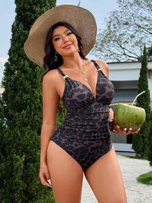 Slaydiva Maiô Bikini Halter de Estampa de Onça Plus Size Primavera/Verão 2026, Decote em V Profundo, Decoração Metálica, Alça Ajustável, Parte de Baixo de Cintura Alta, Roupa de Banho Sexy para Férias na Praia - Multicolorido - Visão 5
