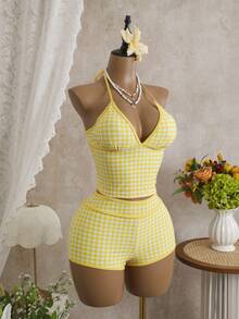 Swim Mod Bộ bikini 2 mảnh in họa tiết kẻ caro ngẫu nhiên dành cho nữ, áo hai dây và quần short, thích hợp cho mùa hè đi biển. - Màu vàng - Xem 4