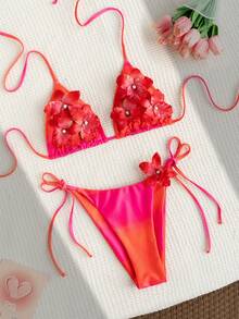 Swim SXY 女士性感露背扎染印花3D立体花卉比基尼上衣+配套比基尼下装，春夏款 - 彩色 - 查看 4