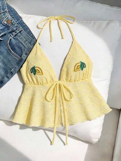 Sweetra Y2K Sexy Textured Fabric Embroidered Fruit Pattern Casual Vacation Sweet Blouse