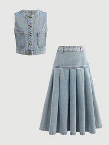 SHEIN 两件套少女时尚休闲Y2K复古酷炫街头风蓝色牛仔无袖短外套和宽松舒适牛仔百褶长裙套装，适合儿童日常穿着，也适合春夏派对、节日和街头服饰。 - 藍色 - 查看 3