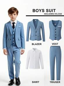 SHEIN Boys Elegant Formal Suit Set, 4 Piece Slim Fit Blazer Vest White Shirt & Trousers For Wedding Prom Graduation Birthday Party Church Performance Spring Summer Fall All Formal Events - Dusty Blue - View 2