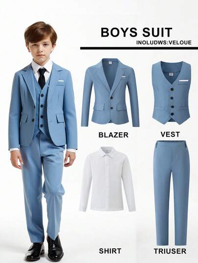 SHEIN Bộ vest công sở 4 món cho bé trai: Áo blazer thanh lịch + Áo vest ôm dáng + Áo sơ mi trắng dài tay + Quần tây, mang đến phong cách công sở lịch lãm. Bộ vest này có thiết kế tối giản, cân bằng giữa tính thực dụng và sự sang trọng. Thích hợp cho việc đi làm, các dịp công sở nhẹ nhàng hoặc các sự kiện trang trọng như đám cưới, phù hợp cho mùa xuân, hè và thu.