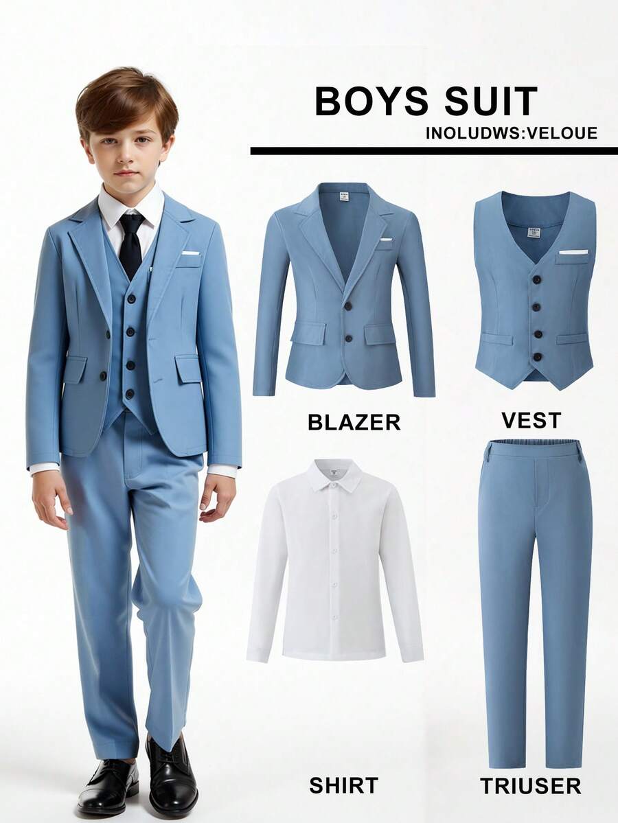 SHEIN Boys Elegant Formal Suit Set, 4 Piece Slim Fit Blazer Vest White Shirt & Trousers For Wedding Prom Graduation Birthday Party Church Performance Spring Summer Fall All Formal Events