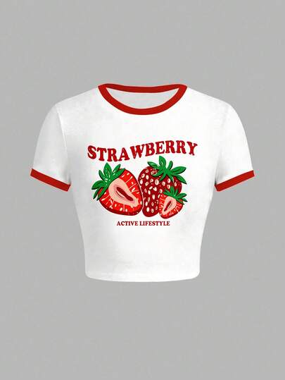 Teen Girls Red & White Contrast Strawberry Print Short Sleeve T-Shirt. With A Pure White Base, The Neckline And Cuffs Feature A Bright Red Color-Blocking Trim. The Garment Is Printed With Multiple 3D Strawberry Patterns, Exuding A Summery, Energetic Vibe. The Cropped, Body-Hugging Silhouette Pairs Well With High-Waisted Bottoms. The Fabric Is Soft And Comfortable. Blending Fresh, Girly Aesthetics And American Casual Style, This Fashionable Piece Is Suitable For Daily Outings, Campus Wear, Picnics, And More, Combining Adorable Prints, Contrasting Details, And Practical Wearability.