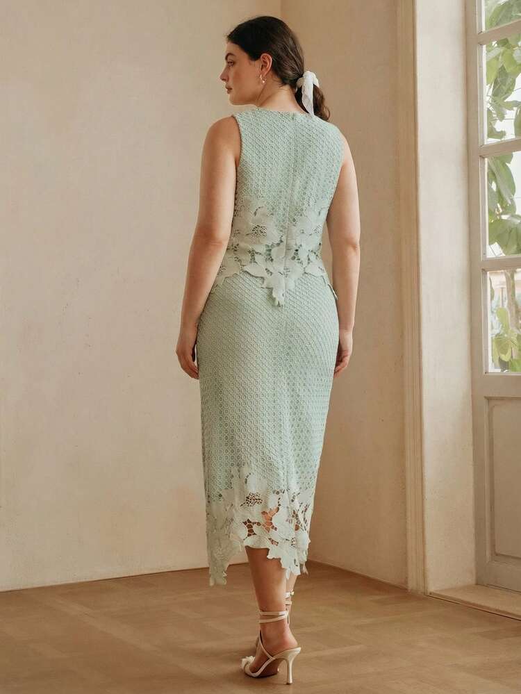 プラスサイズ レディース エレガントな刺繍ラウンドネックキャミソールとミニスカート 2点セット