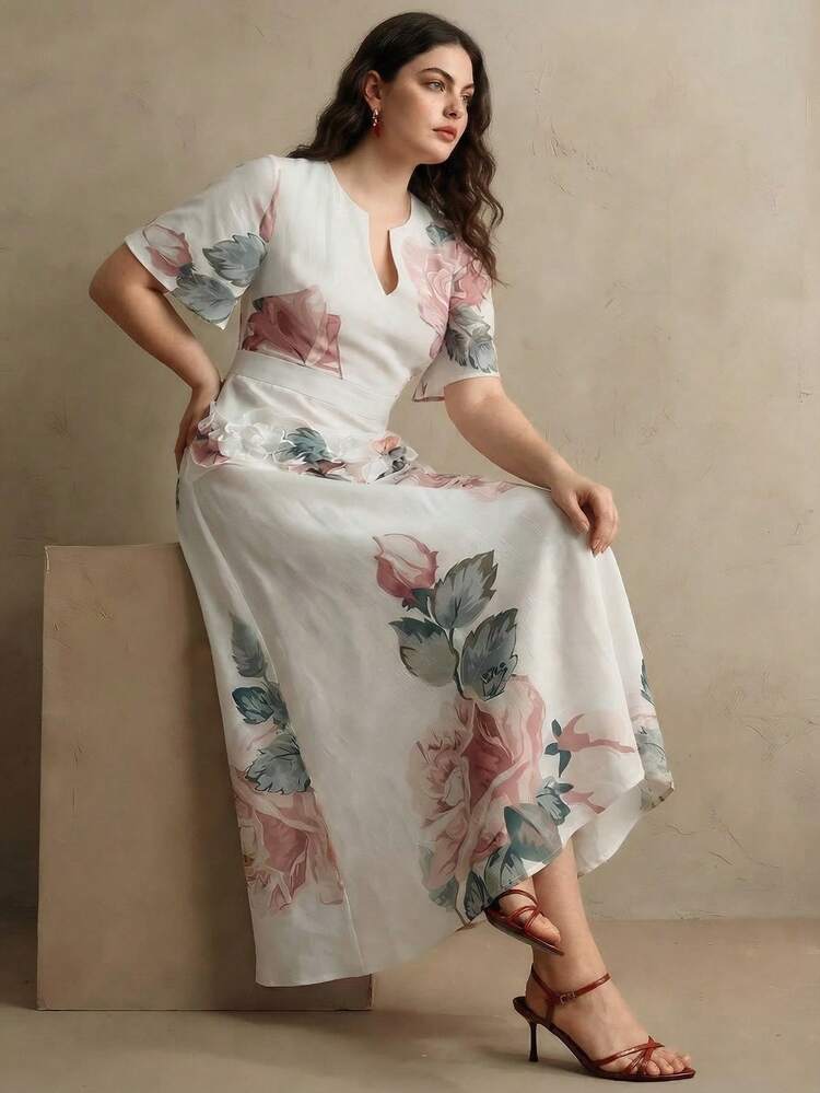 Anewsta Women's Elegant Multi-Color Floral Print Round Neck Short Sleeve A-Line Waist Cinched Long Dress, With Ruffle Lotus Hem Decor Adding Dynamic Layering, Romantic & Graceful, Suitable For Daily, Vacation, Wedding, Beach And Other Occasions, Plus Size