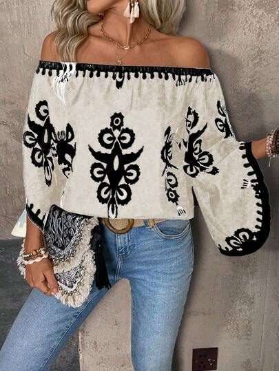 EMERY ROSE Women's Casual Floral Print Off-Shoulder Flare Sleeve Loose Blouse, Suitable For Spring, Summer And Autumn Trending Tops For Women Boho Blouse Blouse For Women Casual Elegant Boho Tops For Women Boho Chic Women's Clothing