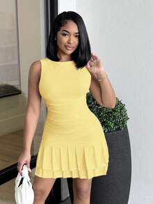 Alexandranx 女式纯白色无袖褶皱迷你连衣裙，紧身分层紧身连衣裙，适合夏季、秋季和冬季 - 黃色 - 查看 4