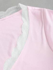 Elamini 女士春夏白色法式浪漫蕾丝拼接V领系带衬衫 - 粉色 - 查看 3