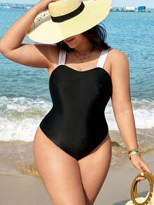 Swim Lushoire Áo tắm liền thân cỡ lớn dành cho nữ với dây đeo phối màu tương phản - Đen và trắng - Xem 1