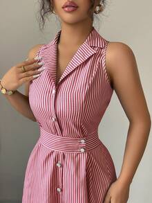 Elenzga 女士优雅休闲通勤条纹连衣裙 - 紅色 - 查看 3