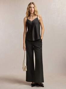 BizChic Black V-Neck Lace Patchwork Adjustable Spaghetti Strap Tank Top, Versatile For Office, Formal Occasions, Elegant Urban Commute, Casual, Romantic 90s Retro, Party, Wedding Guest, Bridesmaid, Hostess, Outing, Social, Date, Party, Concert, Graduation Ceremony, Brunch, Airport - Black - View 6