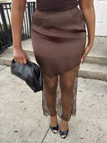 Alexandranx 女士蕾丝拼接半身裙，咖啡棕色，优雅女士，新年，派对，沙滩裙，缎面蕾丝半身裙，派对，新年，约会蕾丝半身裙，长款棕色半身裙，不对称半身裙，开衩半身裙，透视半身裙 - 咖啡棕 - 查看 4