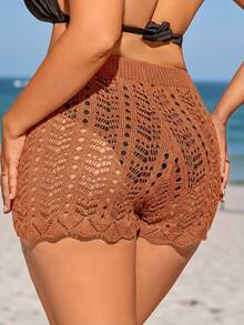 Swim Lushoire Plus Size Women Cropped Hollow-Out Knit Shorts, Bikini Beach Cover Up - Redwood - View 2