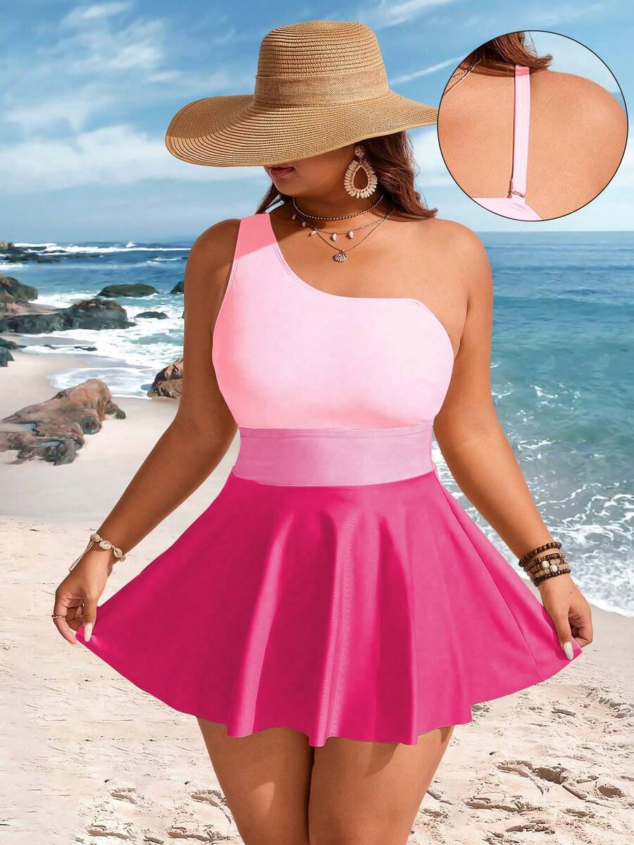 Swim Lushoire Bộ đồ bơi nữ cỡ lớn 2 mảnh, phối màu tương phản, lệch vai, thắt eo, dài đến đầu gối, kiểu dáng thường ngày, thích hợp đi biển. - Hồng - Xem 1