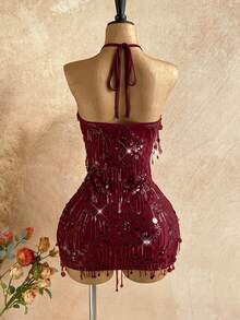 Soleia 女士性感V领吊带露背亮片迷你连衣裙，适合圣诞节、约会之夜、夜店、海滩、邮轮、下午茶、波西米亚风、度假等场合。 - 酒紅色 - 查看 2