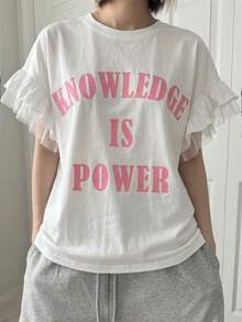 FRIFUL Damen Rundhals-Ärmellos Loose T-Shirt mit Bunt Buchstaben Muster, Mesh Einsatz und Rüschen Saum Grafik Tees für Frauen - Weiss - Übersicht 5