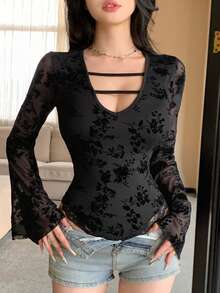 DAZY Women's Floral Flocked Mesh Flare Sleeve Bodysuit - Black - View 10